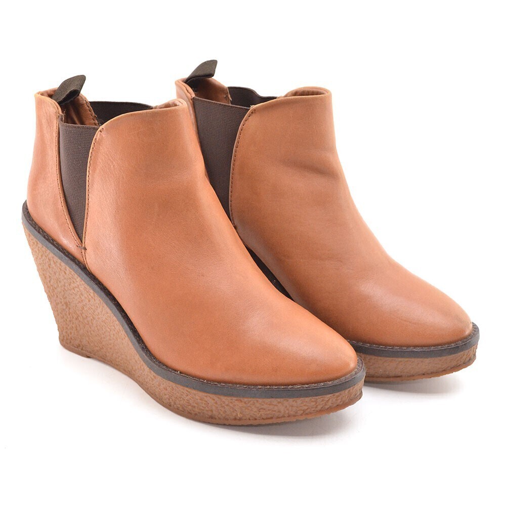 Mango Brown Leather Wedge Heel Platform Ankle Boots 38